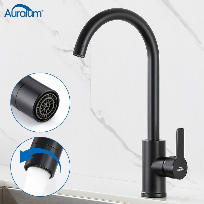 foto del prodotto auralum nero rubinetto lavello cucina girevole a 360 gradi miscelatore monocomando alto in ottone per lavandino rubinetti acqua calda e fredda,