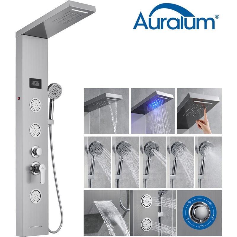 foto del prodotto auralum pannello colonna doccia idromassaggio con luci led pannello doccia set in 304 acciaio inox con miscelatore 5 funzioni per bagno