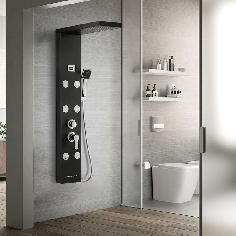 foto del prodotto auralum pannello colonna doccia in acciaio inossidabile 4 funzioni set de doccia con idromassaggio cascata soffione e doccetta a mano, nero