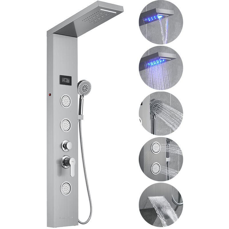 foto del prodotto auralum pannello doccia in acciaio inossidabile, multifunzione colonna doccia idromassaggio con luci led, cascata, soffione e doccetta, doccia per
