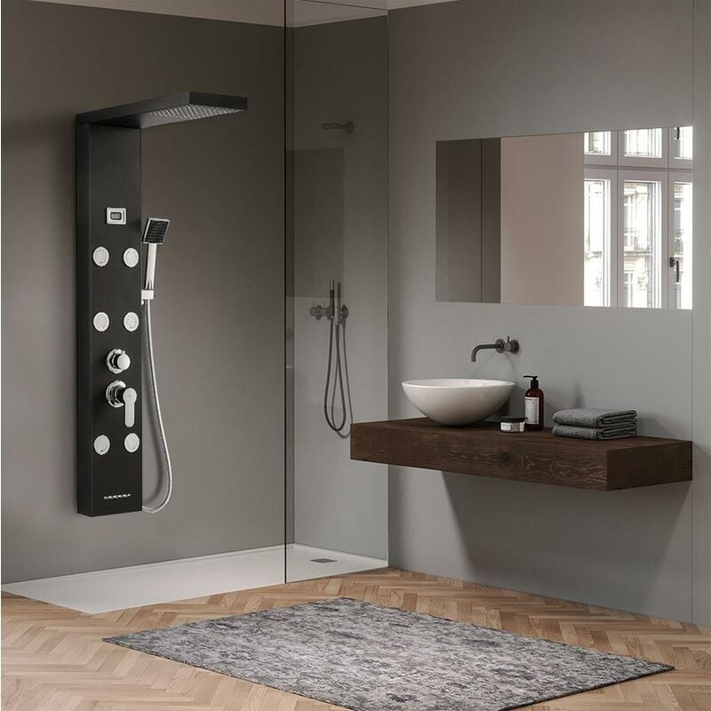 foto del prodotto auralum pannello idromassaggio doccia in acciaio inox nero con soffione doccia e doccia per bagno pannello per doccia 