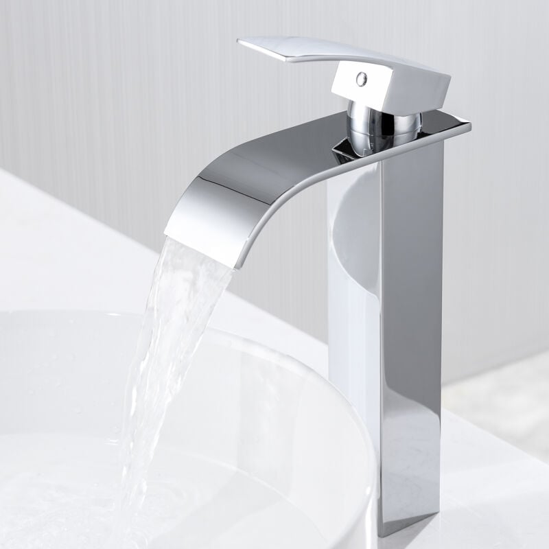 foto del prodotto auralum rubinetto bagno a cascata bocca alta, rubinetto miscelatore bagno rubinetto miscelatore monocomando lavabo per bagno lavabo, cromato
