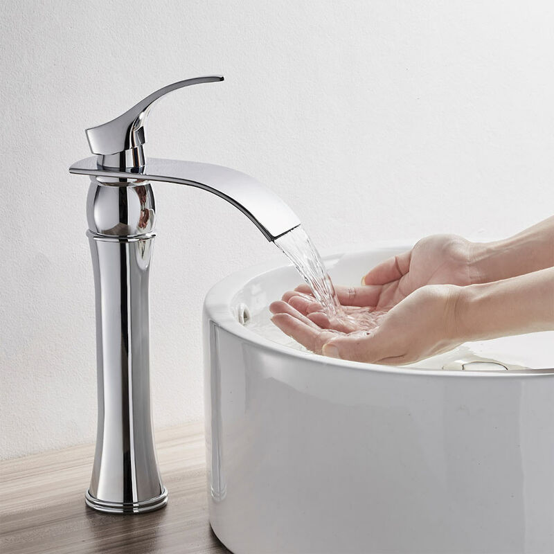foto del prodotto auralum rubinetto bagno lavabo cascata cromato, miscelatore alto altezza bocca 223mm per lavabo appoggio in ottone, rubinetti monocomando moderno,