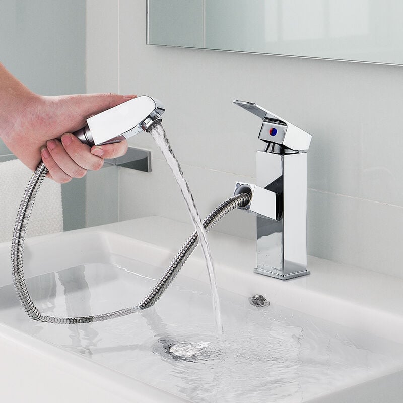 foto del prodotto auralum rubinetto bagno lavabo, con doccetta estraibile fino 50cm, rubinetto lavabo in ottone, miscelatore monocomando bagno estraibile, acqua