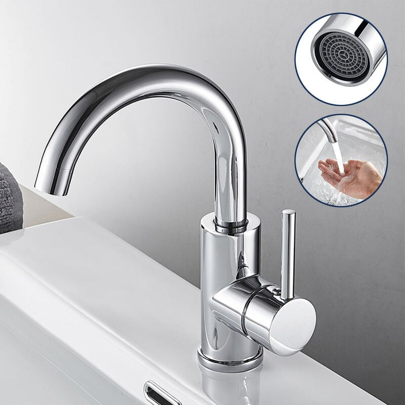 foto del prodotto auralum rubinetto bagno lavabo in ottone, girevole a 360 miscelatore monocomando alto, regolazione a caldo e freddo, aeratore rimovibile, cromato