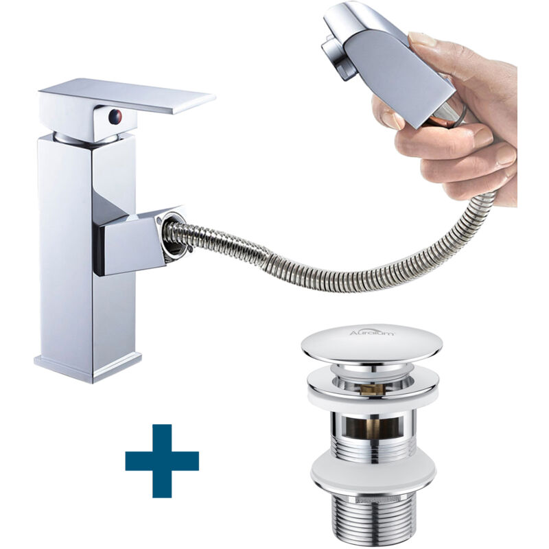 foto del prodotto auralum rubinetto bagno, miscelatore lavabo estensibile set piletta con troppopieno, rubinetto bagno con salterello, cromato