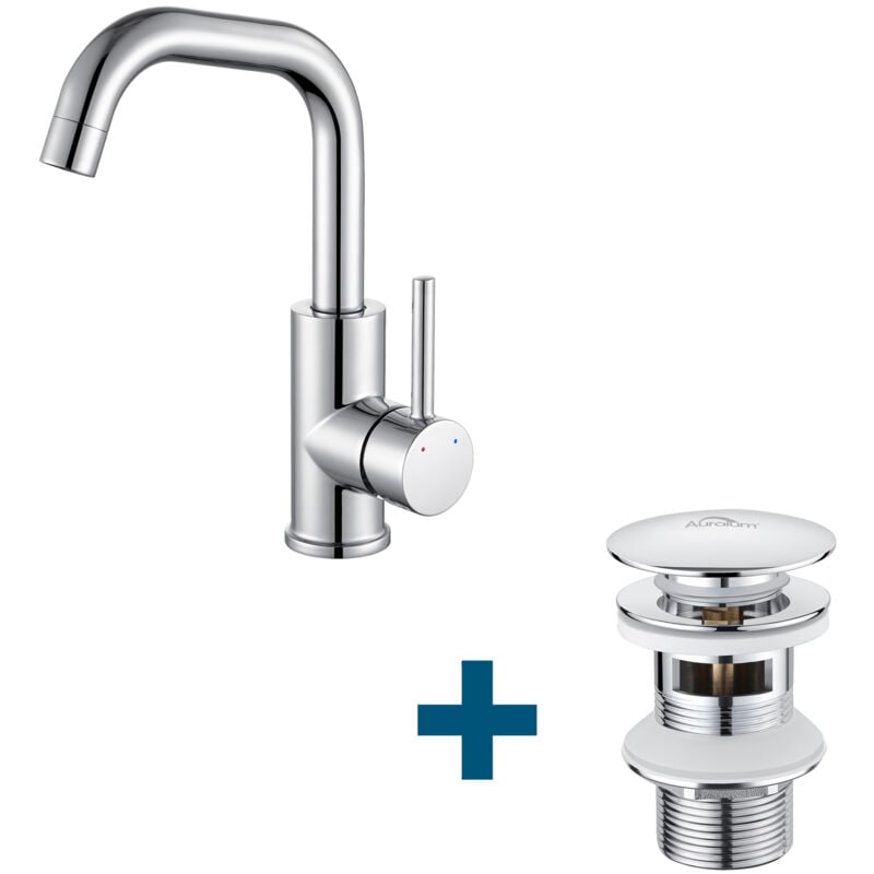 foto del prodotto auralum rubinetto bagno miscelatore lavabo ruotabile a 360 set di scarico con troppopieno, rubinetto bagno con salterello, cromato
