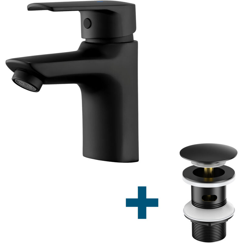 foto del prodotto auralum rubinetto bagno miscelatore per lavabo scarico a scomparsa con troppopieno, rubinetto monocomando per bagno con scarico a scomparsa, nero