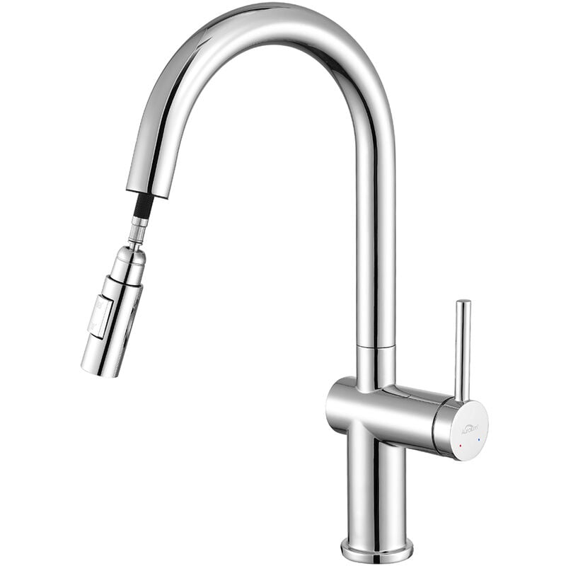 foto del prodotto auralum rubinetto cucina con doccetta estraibile fino 40cm, girevole a 360 miscelatore monocomando lavello in acciaio inox, acqua calda e fredda