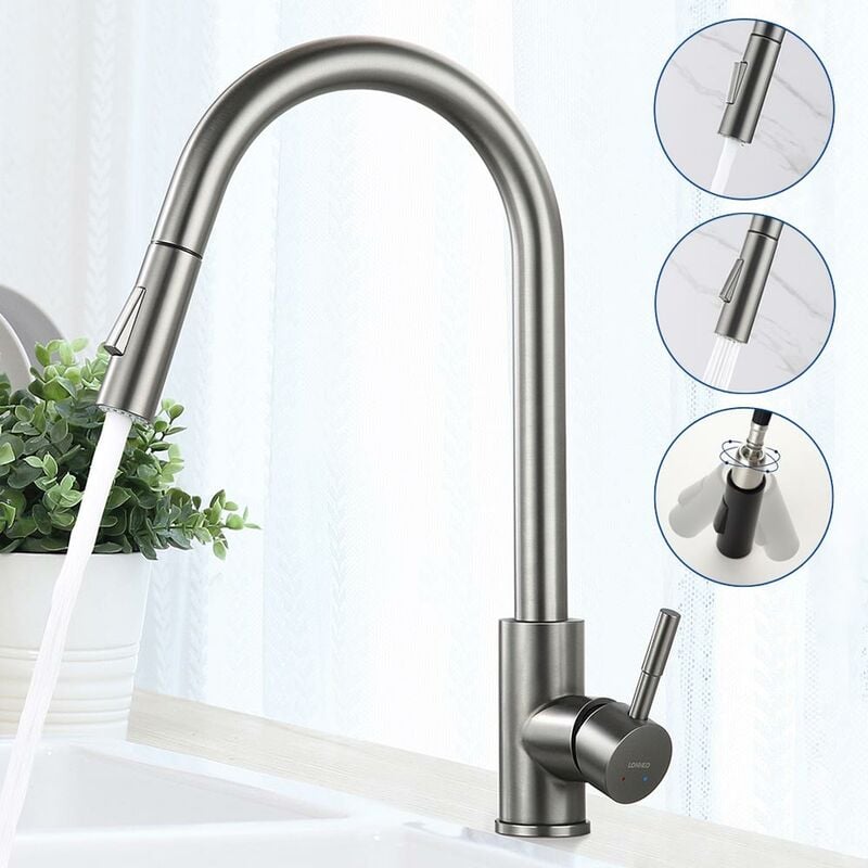 foto del prodotto auralum rubinetto cucina con doccetta estraibile grigio pistola, lonheo rubinetto lavello cucina girevole a 360 miscelatore monocomando con