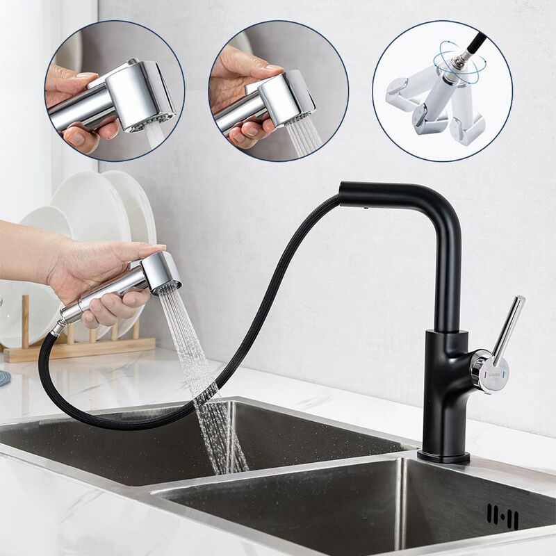 foto del prodotto auralum rubinetto cucina con doppia doccetta estraibile 2 funzioni 360 grado rotazione miscelatore monocomando per lavello cromo nero miscelatori