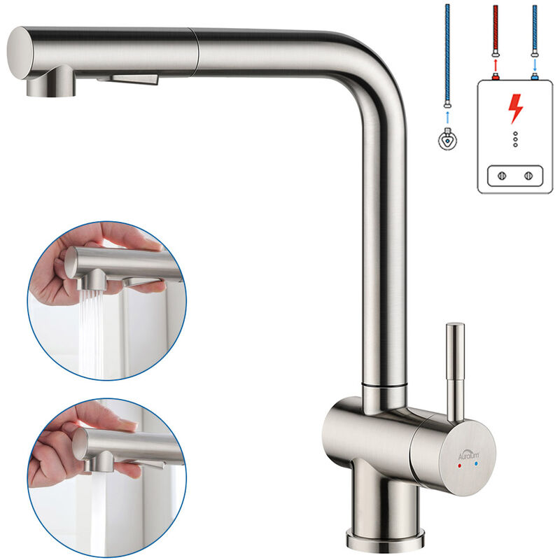 foto del prodotto auralum rubinetto cucina estraibile a bassa pressione, rubinetto da cucina con doccetta estraibile fino a 40cm con adattatori rimovibili, girevole