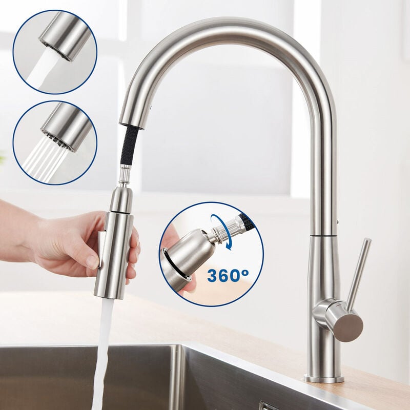 foto del prodotto auralum rubinetto cucina estraibile in acciaio inox, rubinetto da cucina con doccetta estraibile fino a 45cm con aeratore staccabile, girevole a 360 