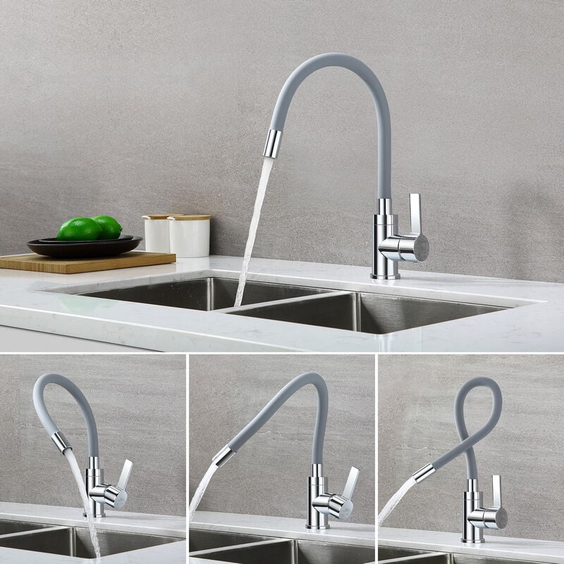 foto del prodotto auralum rubinetto cucina flessibile grigio, rubinetto lavello cucina girevole a 360 miscelatore cucina con tubo flessibile in silicone, rubinetti