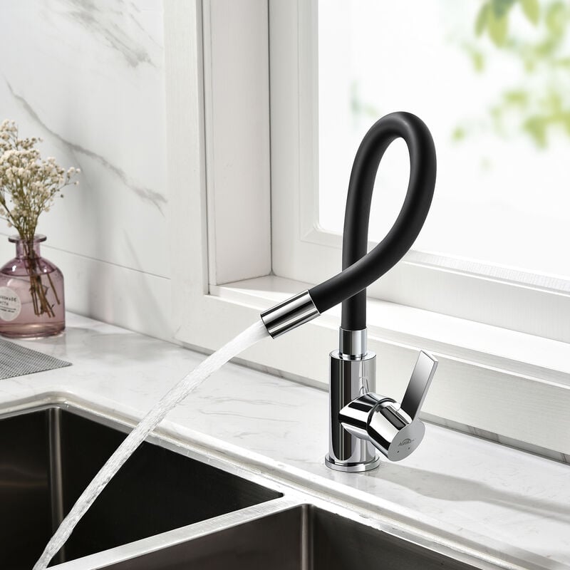 foto del prodotto auralum rubinetto cucina flessibile nero, rubinetto lavello cucina girevole a 360 miscelatore cucina con tubo flessibile in silicone, rubinetti