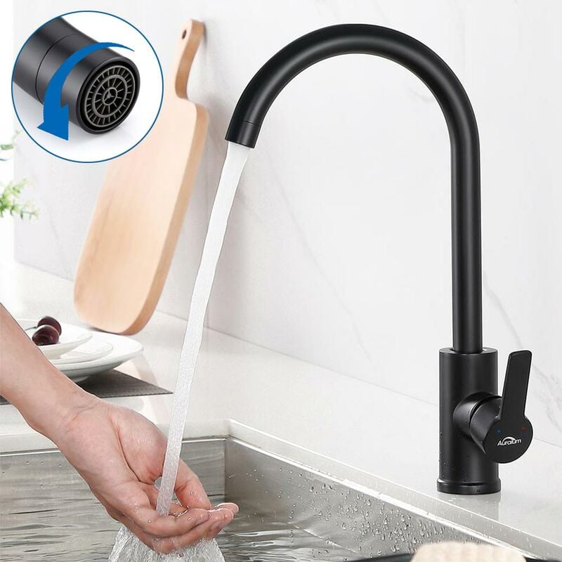 foto del prodotto auralum rubinetto cucina nero, rubinetto lavello cucina girevole a 360 , miscelatore cucina monocomando acqua calda e fredda, rubinetti cucina con