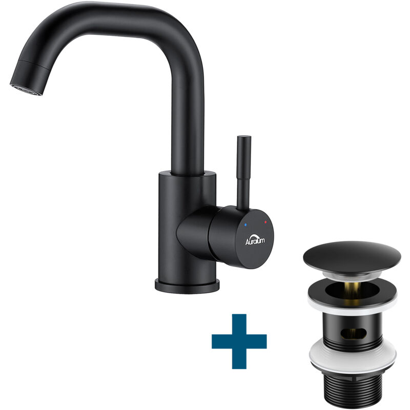 foto del prodotto auralum rubinetto da bagno miscelatore girevole a 360 per lavabo con scarico a scomparsa, rubinetto da bagno pop up con troppopieno, nero