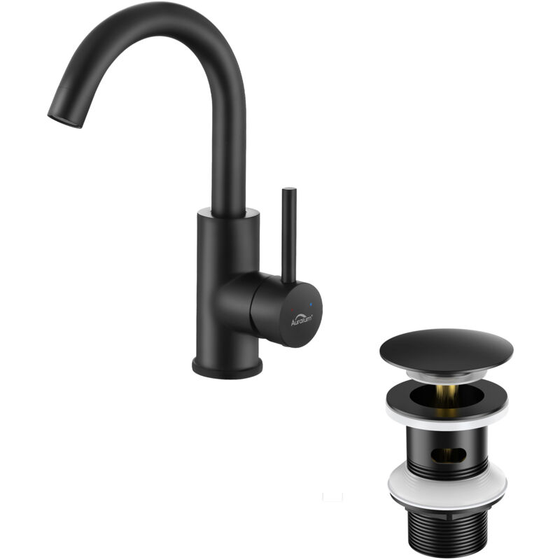 foto del prodotto auralum rubinetto da bagno miscelatore girevole a 360 per lavabo rubinetto da bagno sifone con scarico pop up pop up con troppopieno, nero