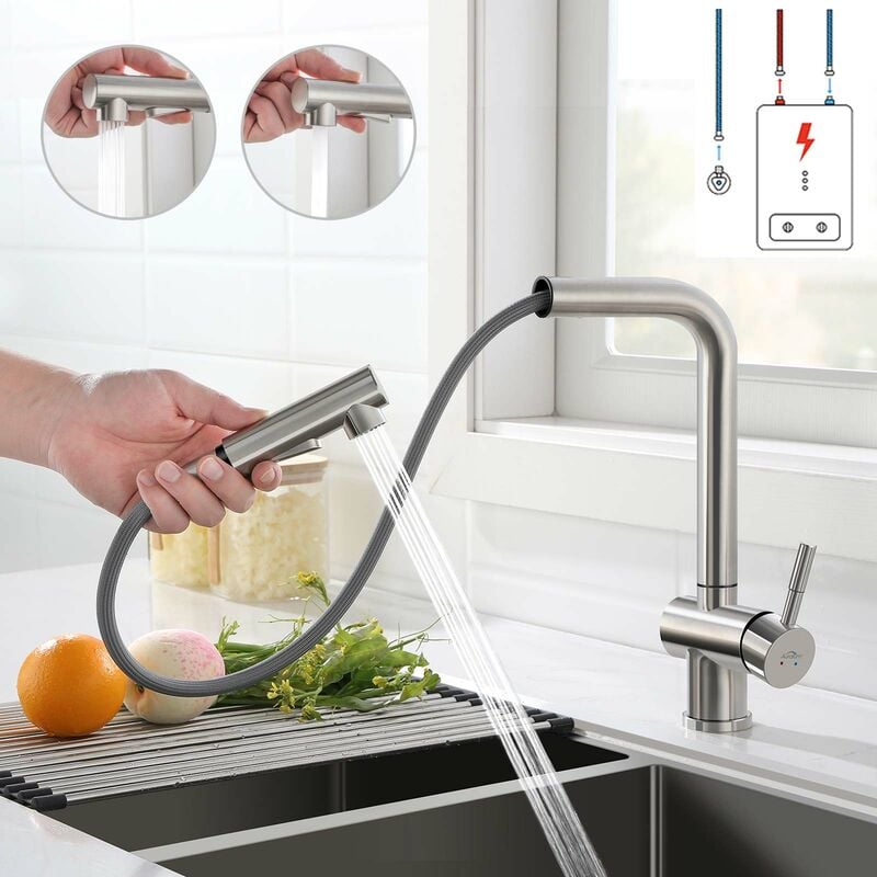 foto del prodotto auralum rubinetto da cucina con doccetta a bassa pressione, rubinetto cucina in acciaio inox, girevole a 360 monocomando cocina per lavello con