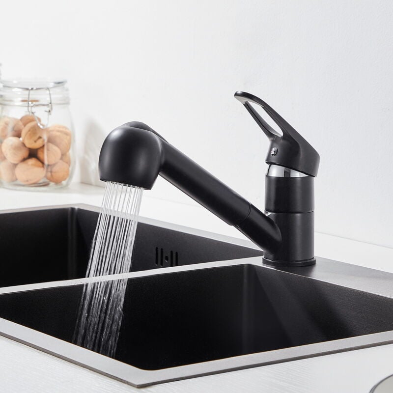 foto del prodotto auralum rubinetto da cucina estraibile con due forme d acqua nero rubinetto dell acqua calda e fredda girevole a 360 rubinetto da cucina