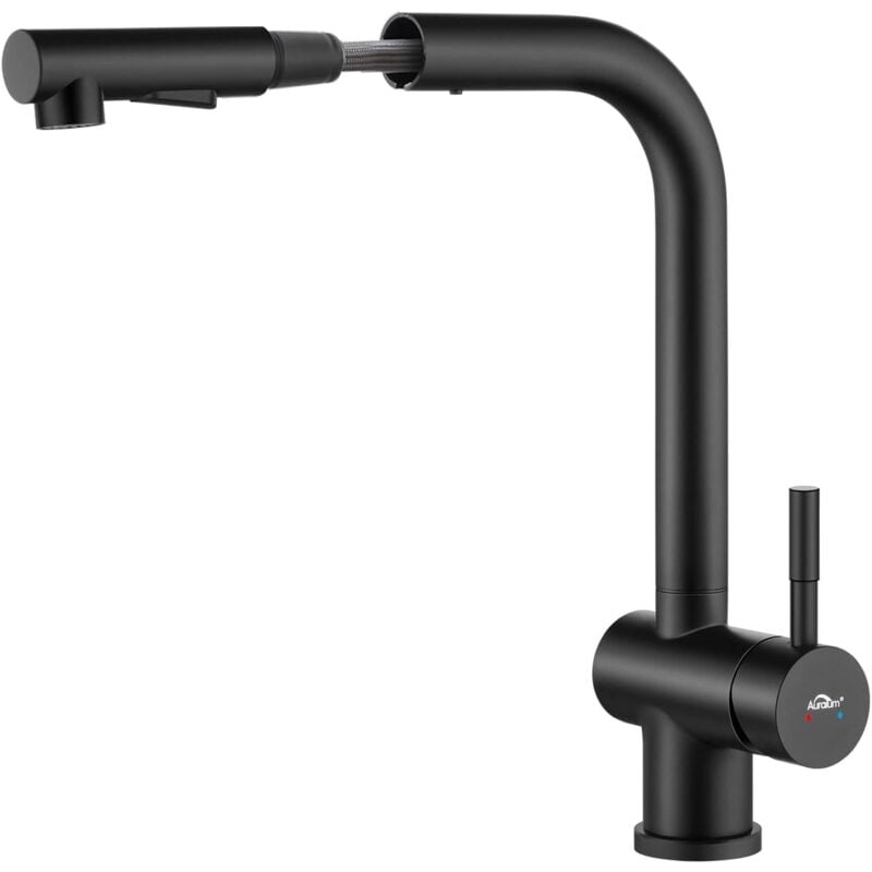 foto del prodotto auralum rubinetto da cucina, miscelatore estraibile per lavello, rubinetto monocomando girevole a 360 , miscelatore da cucina in acciaio inox, nero