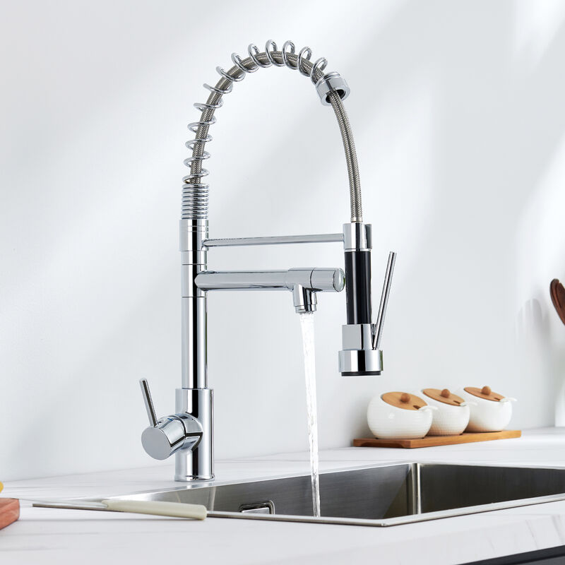 foto del prodotto auralum rubinetto da cucina, rubinetto a molla in ottone cromato, girevole a 360 rubinetto cucina lavello con 2 ugelli spruzzo e flusso , acqua