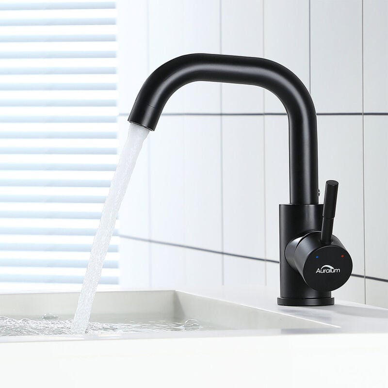 foto del prodotto auralum rubinetto del lavabo girevole a 360 miscelatore lavabo bagno nero opaco, rubinetto bagno per acqua calda e fredda, rubinetto a risparmio