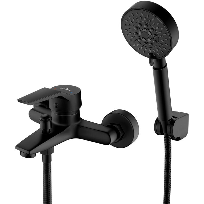 foto del prodotto auralum rubinetto doccia nero con doccetta a 5 funzioni, miscelatore doccia monocomando con tubo flessibile da 150 cm e staffa, montaggio a parete,