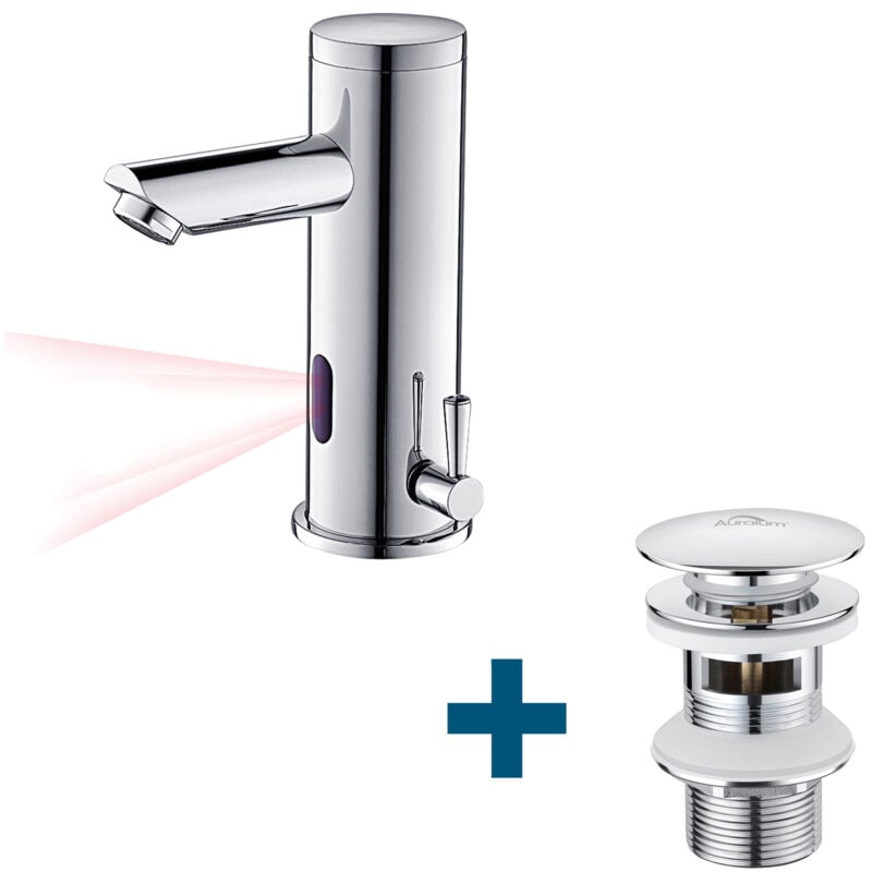 foto del prodotto auralum rubinetto lavabo automatico con sensore infrarossi piletta con troppopieno, miscelatore monocomando bagno con salterello, cromo