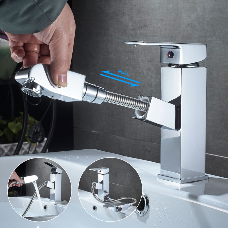 foto del prodotto auralum rubinetto lavabo con doccetta estraibile 50cm, miscelatore monocomando ottone per bagno, cromo