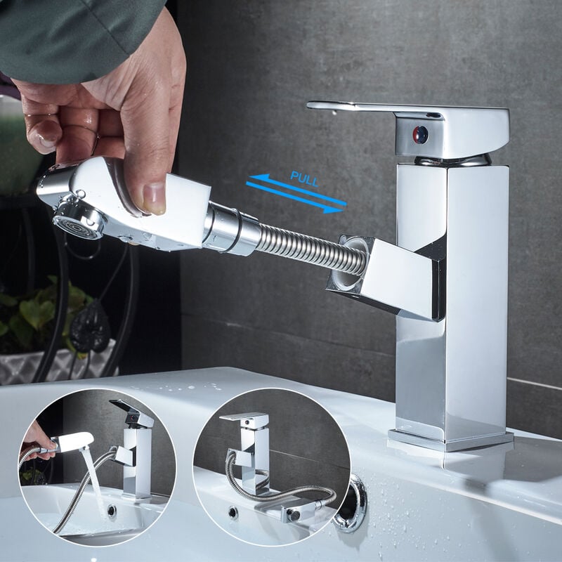 foto del prodotto auralum rubinetto lavabo con estraibile cromato, miscelatore monocomando ottone per bagno lavabo, aeratore staccabile, acqua calda e fredda