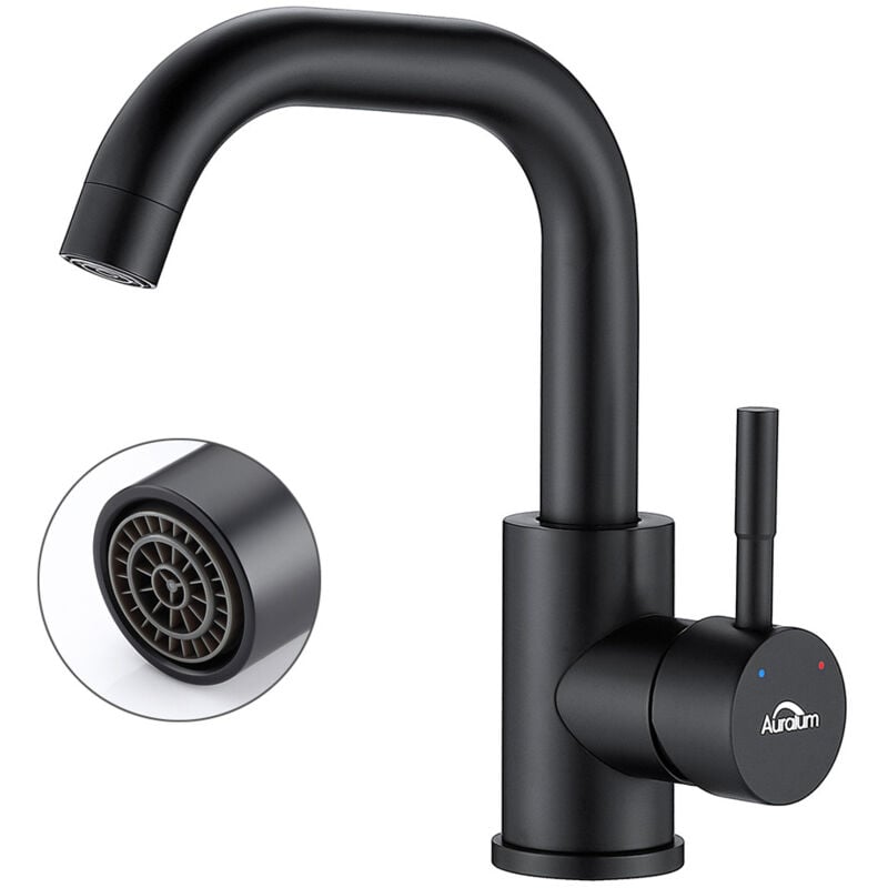 foto del prodotto auralum rubinetto lavabo con l aeratore nero miscelatore monocomando per bagno girevole a 360 rubinetti per acqua calda e fredda