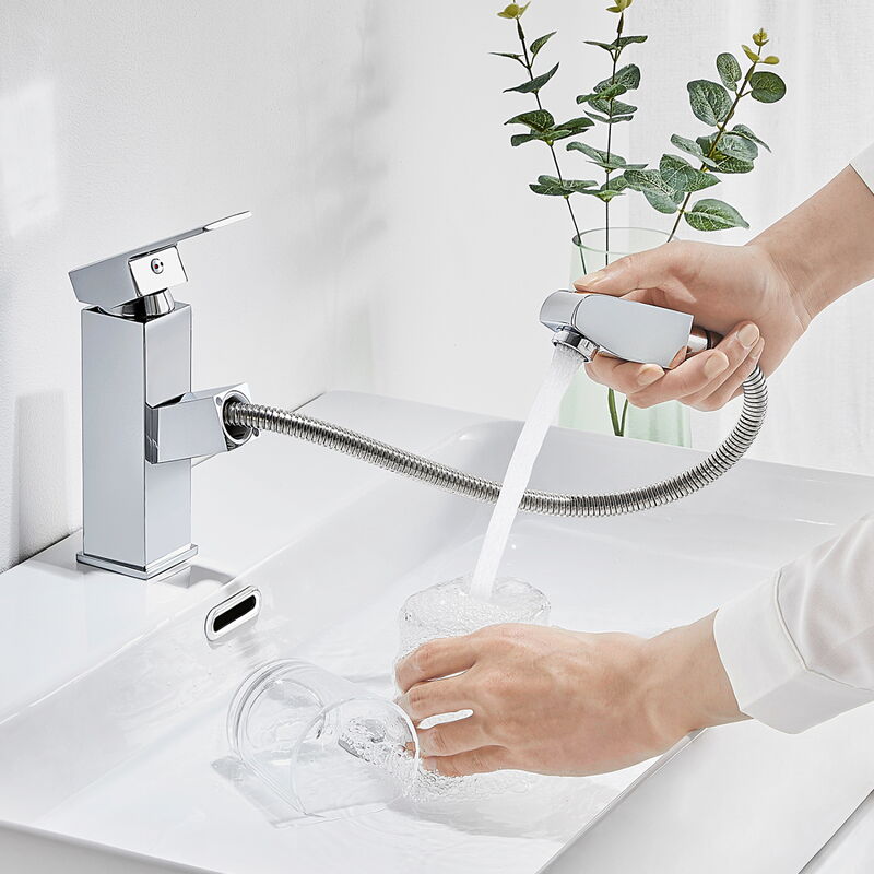 foto del prodotto auralum rubinetto lavabo estraibile fino 50cm, miscelatore monocomando ottone per bagno, regolazione a caldo e freddo, aeratore rimovibile,