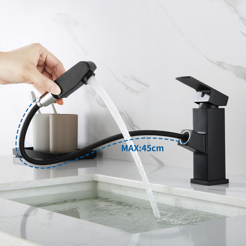 foto del prodotto auralum rubinetto lavabo estraibile fino 50cm, miscelatore monocomando ottone per bagno, regolazione a caldo e freddo, aeratore rimovibile, nero