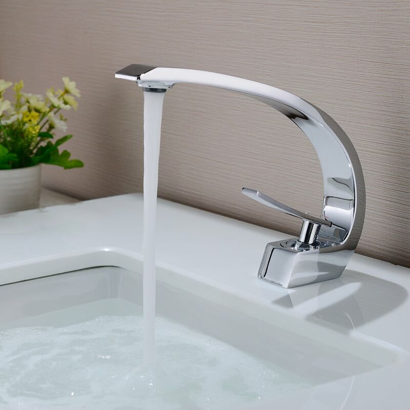 foto del prodotto auralum rubinetto lavabo in ottone, miscelatore monocomando per bagno con aeratore removibile, miscelatore lavabo becco alto 190mm, cromato