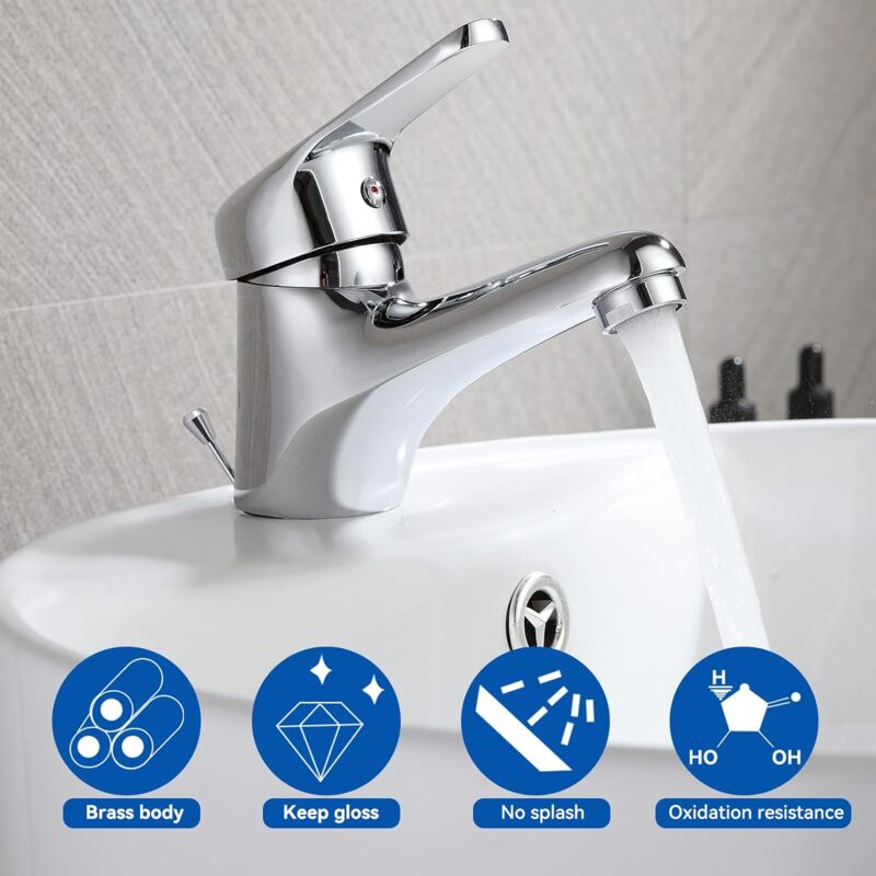 foto del prodotto auralum rubinetto lavabo ottone cromato con staffa di comando per saltarello tappo, miscelatore lavandino monoforo per bagno
