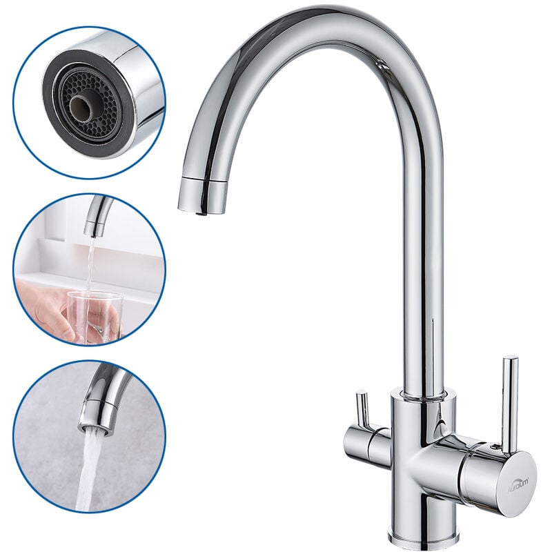 foto del prodotto auralum rubinetto lavello cucina chrom, rubinetto cucina 3 vie per sistemi osmosi, miscelatore monocomando girevole a 360 , acqua calda e fredda,