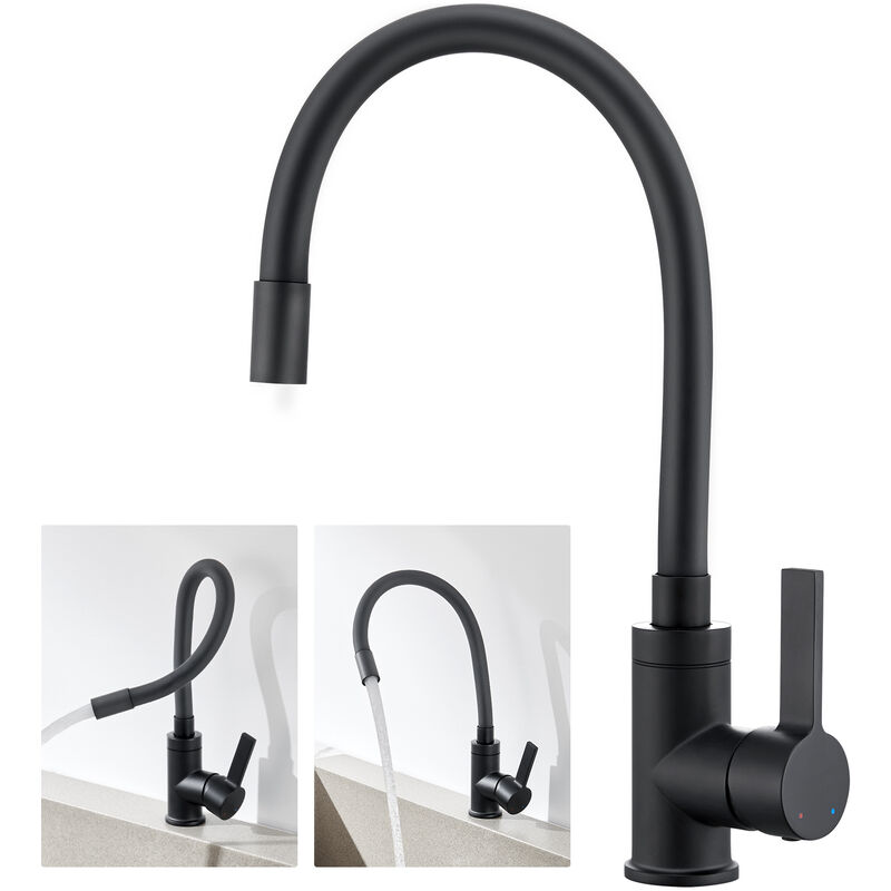 foto del prodotto auralum rubinetto lavello cucina flessibile nero, miscelatore monocomando girevole 360 rubinetti cucina con aeratore removibile, rubinetto da cucina