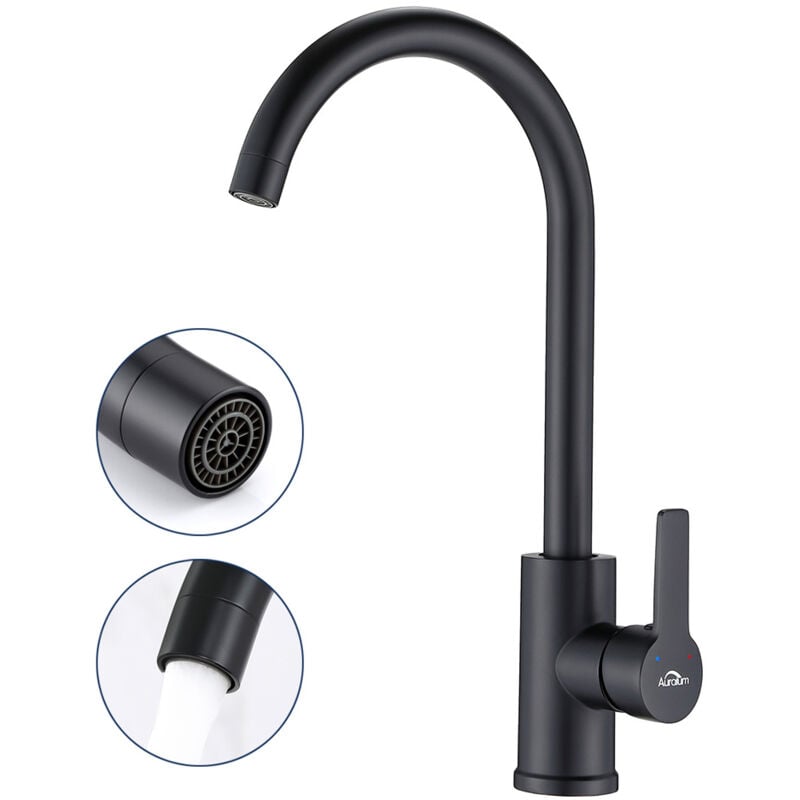foto del prodotto auralum rubinetto lavello cucina nero rubinetti cucina ad alta pressione, girevole a 360 miscelatore monocomando con aeratore rimovibile, acqua