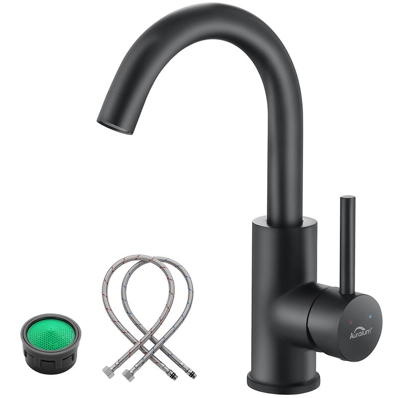 foto del prodotto auralum rubinetto miscelatore lavabo bagno nero, girevole a 360 rubinetto lavabo monocomando per lavabi bagno cucina, altezza beccuccio 18,7 cm