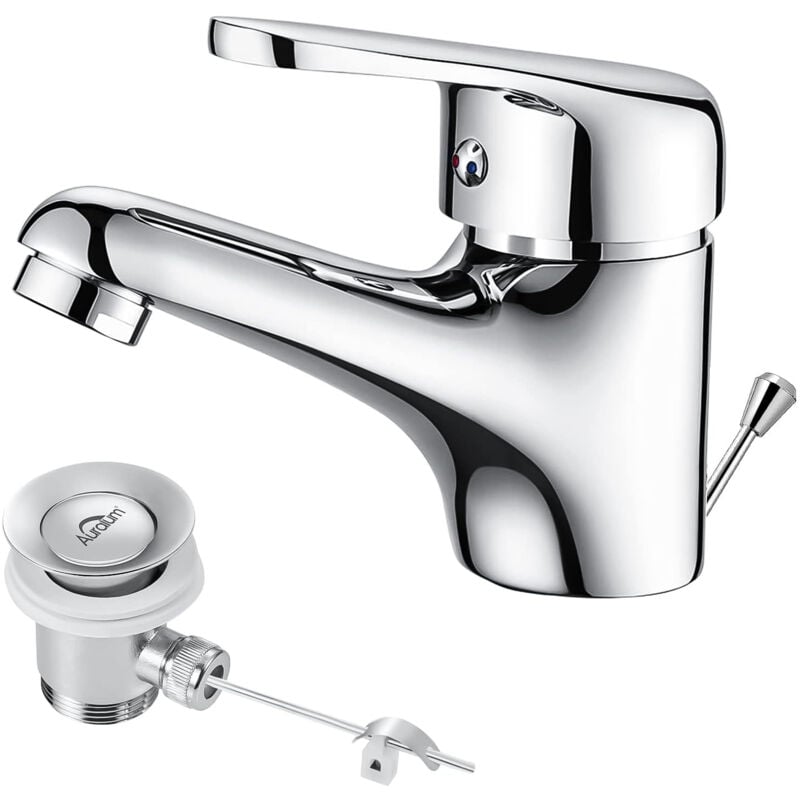 foto del prodotto auralum rubinetto per lavabo piccolo per bagno con set di scarico rubinetto per lavabo con set di scarico cromato, ideale per piccoli wc ospiti