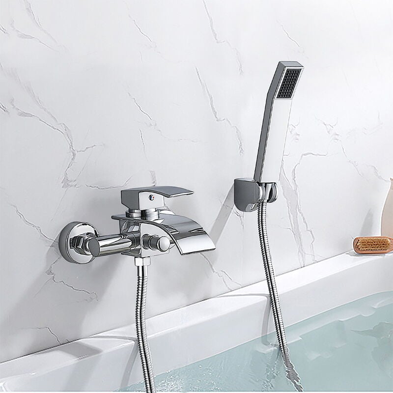 foto del prodotto auralum rubinetto per vasca da bagno a muro cascata con doccetta e supporto, miscelatore vasca da bagno in ottone, rubinetto bagno vasca a parete,