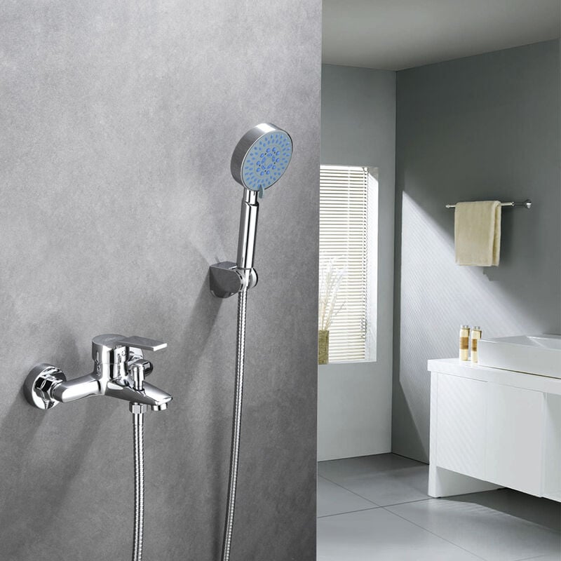foto del prodotto auralum rubinetto vasca da bagno con doccetta a 5 funzioni, rubinetto doccia in ottone, miscelatore per vasca da bagno a parete, finitura cromata
