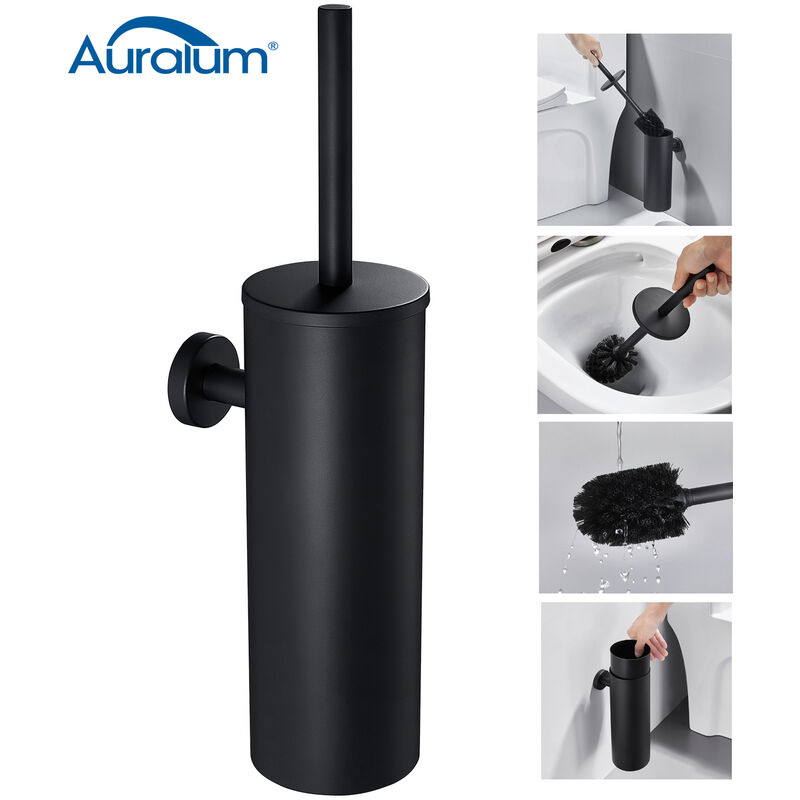 foto del prodotto auralum scopino e portascopino per wc nero in acciaio inox scopino bagno a parete con coperchio, splashproof,anti odore