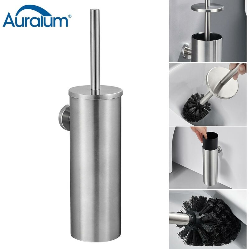 foto del prodotto auralum scopino per wc bagno in acciaio inox spazzolato spazzolone wc con portascopino, coperchio, resistente agli schizzi, spazzola bagno wc