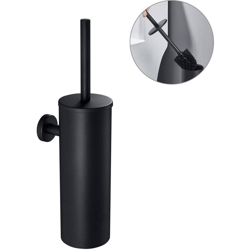 foto del prodotto auralum scopino wc bagno con portascopino nero, spazzolone wc in acciaio inox montaggio a parete, scopino per wc con supporto e coperchio,