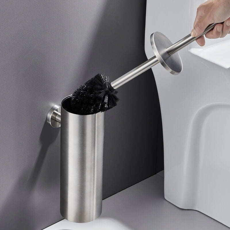 foto del prodotto auralum scopino wc bagno e supporto, spazzola wc bagno in acciaio inox spazzolato con portascopino e coperchio, resistente agli spruzzi, antiodore