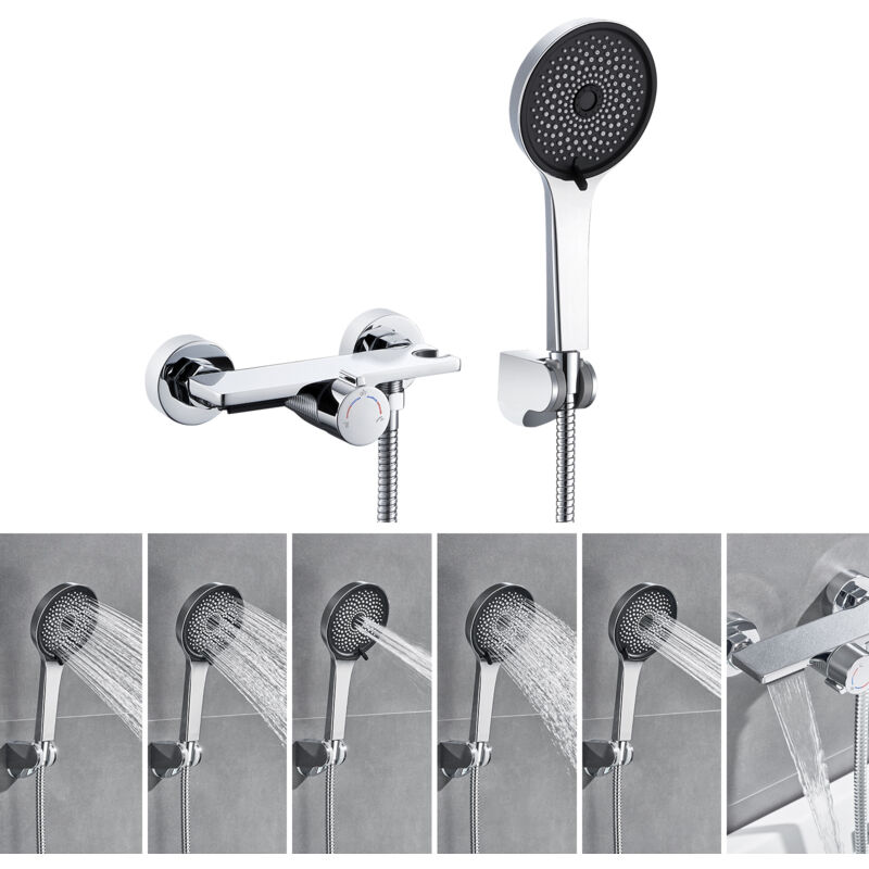 foto del prodotto auralum set doccia da bagno a cascata con doccetta a 5 funzioni, miscelatore da bagno cromato, sistema doccia per vasca e bagno