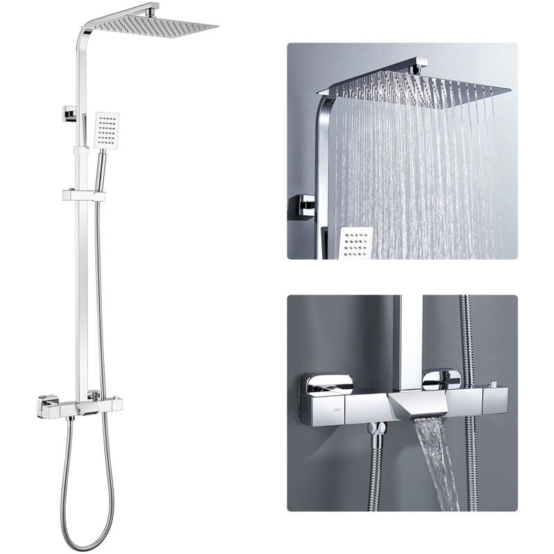 foto del prodotto auralum sistema doccia termostatico a 3 funzioni, doccia a pioggia con rubinetteria, soffione doccia, set doccia, set doccia, soffione doccia,