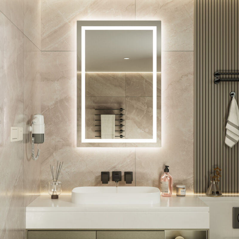 foto del prodotto auralum specchio da bagno 80 x 60 cm con touch control, 3 colori di luce, dimmerabile, antiappannamento, impermeabile ip64